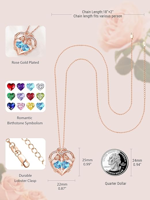 Rose Gold Necklaces for Women Double Birthstone Rose Flower Heart Pendant Necklace Jewelry Anniversary Christmas Valentine's Mother's Day Birthday Gift for Wife Mom Her Girlfriend Sister