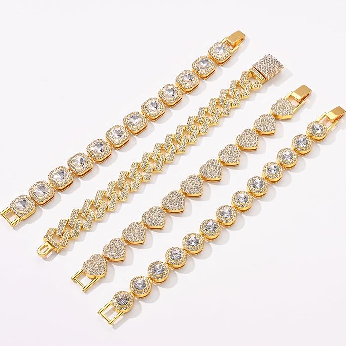 4-PCS Cuban Link Bracelets for Women,Diamond Tennis Bracelet Set,14K Gold Plated Layered Stackable Jewelry, Adjustable Bling Gift Set for Women