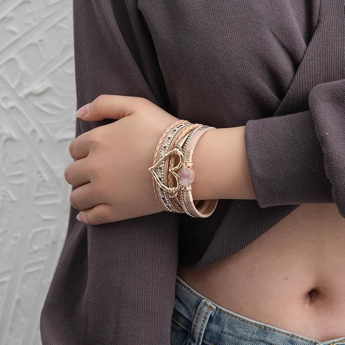 Rantanto Braid Leather Wrap Bracelet Trendy Stackable Crystal Cuff Boho Gold Heart Bracelet Jewelry Gift For Women