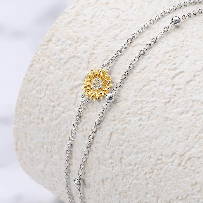 Diamond Sunflower Bracelet 925 Sterling Silver Sunflower Bracelet Gift for Women Mom Wife,7"+2"