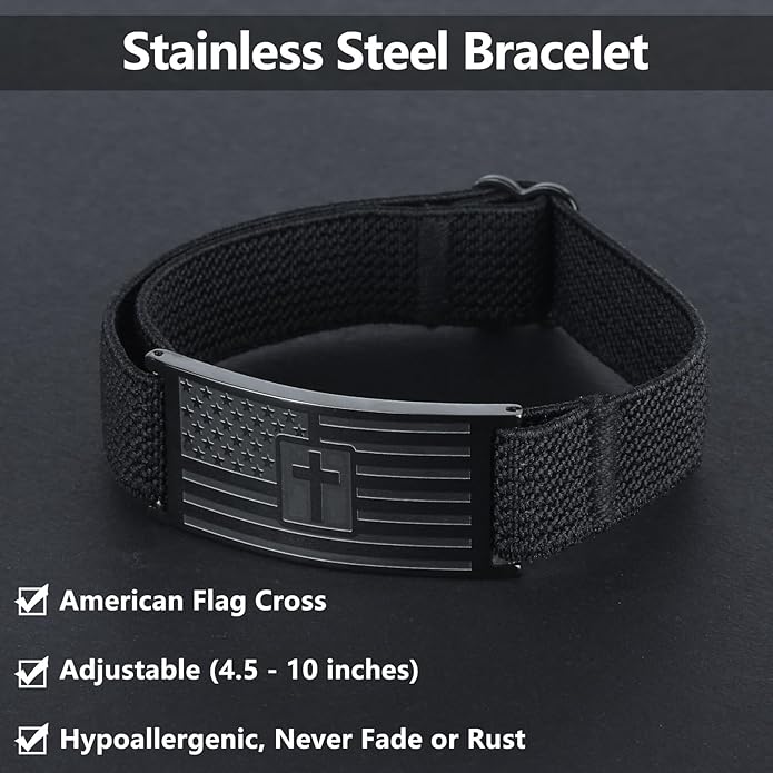 LDOWWGL Valentines Day Gifts - Mens Bracelet - American Flag Christian Cross Bracelet for Boys - Adjustable Black Elastic Stretch Strap with Bible Verse - Gift for Son Grandson