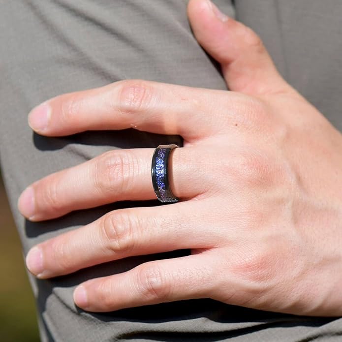 Men's 8mm Black/Gold Tungsten Carbide Wedding Ring Nebula Galaxy Wedding Promise Gold Foil Inlay Real Meteorite Matte Bevel Comfort Fit