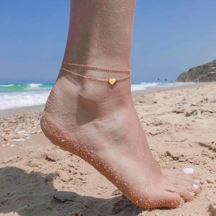 Turandoss Heart Initial Ankle Bracelets for Women, 14K Gold Filled Handmade Dainty Layered Anklet Letter Initial Heart Ankle Bracelets for Women Beach Jewelry Gifts