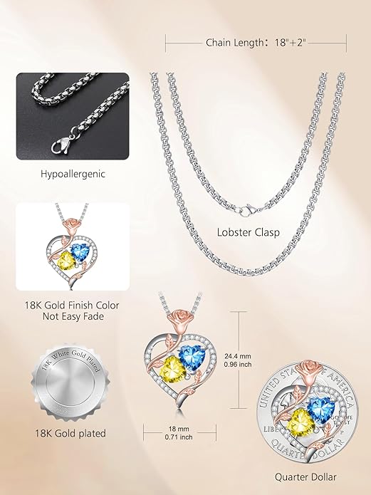 Christmas Gifts for Women Rose Heart Birthstone Pendant Necklace I Love You Forever Jewelry Valentine Mothers Day Birthday Gifts for Women Her Wife Girlfriend