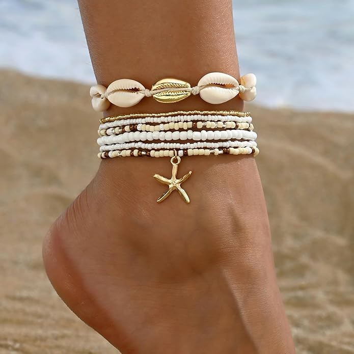 Shell Ankle Bracelet Set for Women, Gold Plated Boho Bead Adjustable Anklet, Hawaiian Beach Seashell Pearl Heart Starfish Conch Foot Jewelry Gifts