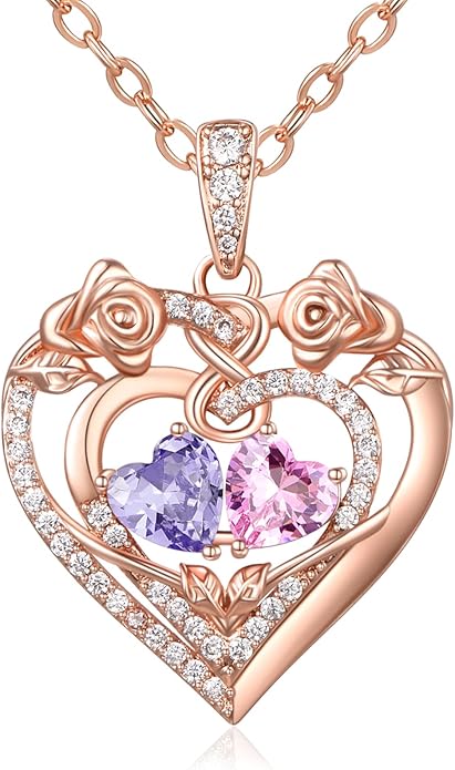 JIYVY32 Rose Heart Necklace for Women Exquisite 925 Sterling Silver Anniversary Birthday Gifts for Wife Mom Her Double Birthstone Pendant Jewelry