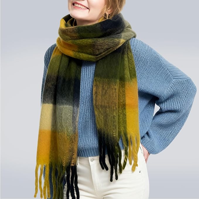 SHOHOKU Large Chunky Plaid Scarf Coloured Checked Oversized Scarf Tassel Soft Fall Winter Thick Warm Shawl Women