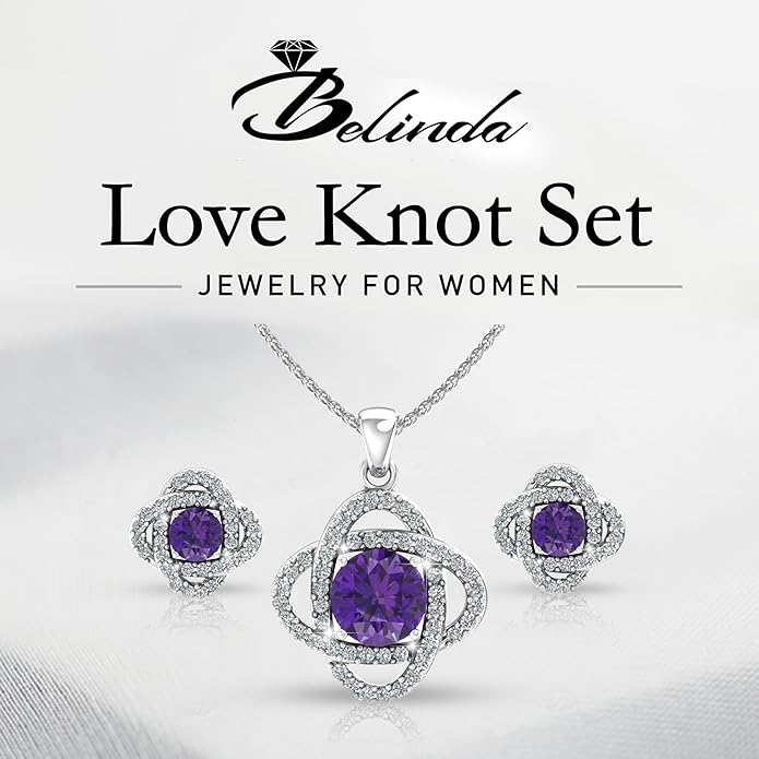 Women 925 Sterling Silver Cute Love Knot Sparkling Gemstone Push Back Stud Earrings Hanging Pendant Necklace Beautiful Fine Jewelry Accessory Set, 1.65 Carat