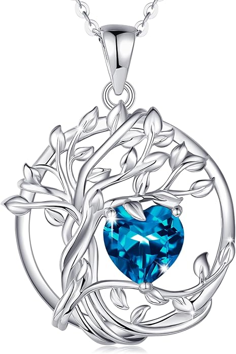 FANCIME Tree of life Birthstone necklace Sterling Silver Pendant Birthstone Necklace Gemstone Anniversary Birthday Jewelry Christmas Gifts for Mom Her Wife