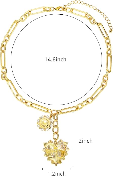 Chunky Gold Necklace for Women, 18K Waterproof Heart Necklace Statement Necklace Gold Charm Necklace Chunky Jewelry Paperclip Chain Choker Gift for Women