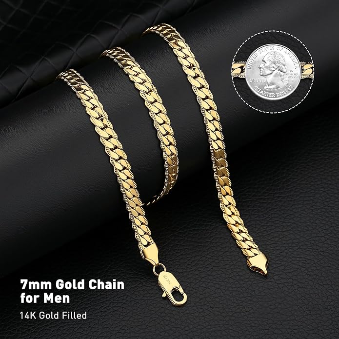 DFUNH 7MM Cuban Link Chain for Men Silver Chains, Silver Mens Chain Necklace,316L Stainless Steel and 14K White Gold /14K Gold Filled, Gold/Silver Chain for Men Necklace