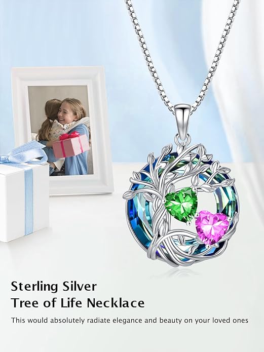 TOUPOP s925 Sterling Silver Family Celtic Tree of Life Pendant Necklaces with 2 Heart Birthstone with Blue Austrian Crystal Jewelry Birthday Anniversary Christmas Gifts for Her Wife Girlfriend Mom (18K Real White Gold Filled)
