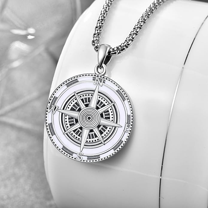 KINGWHYTE Compass Necklace for Men 925 Sterling Silver Birthday Gifts Graduation Travel Jewelry for Husband Brother with Stainless Steel Chain