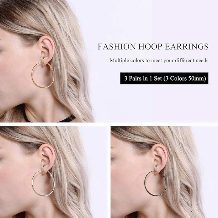 FOCALOOK 14K Gold Plated Lightweight Large Hoops| 2mm Thin Hoop Earrings for Women 30/40/50/70/100mm