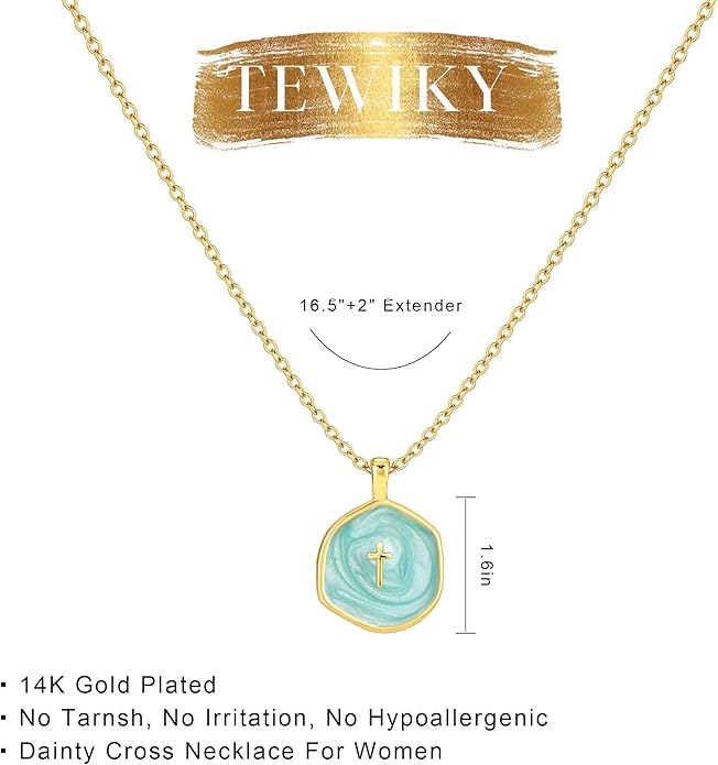 Tewiky Cross Necklace for Women-Dainty Simple 14k Gold Plated Cross Pendant Cute Necklaces for Women Jewelry