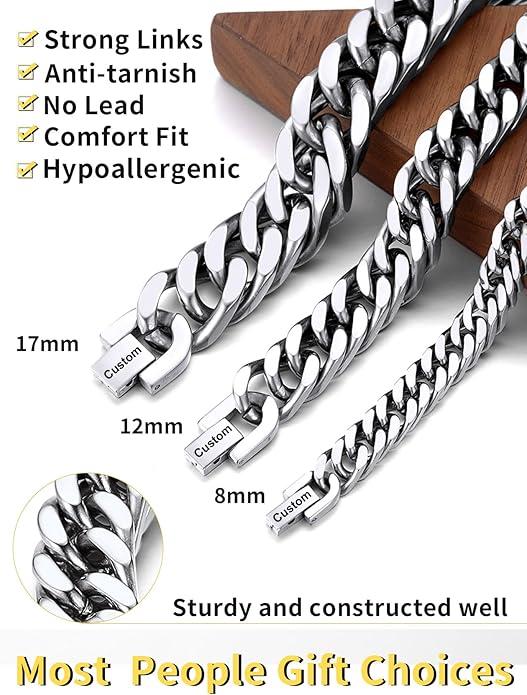 ChainsHouse Stainless Steel Cuban Link Bracelet, 8mm/12mm/17mm Width, 7.5"/8.3"/9", 18K Gold Plated Chain Wrist Bracelets for Men Women, Send Gift Box