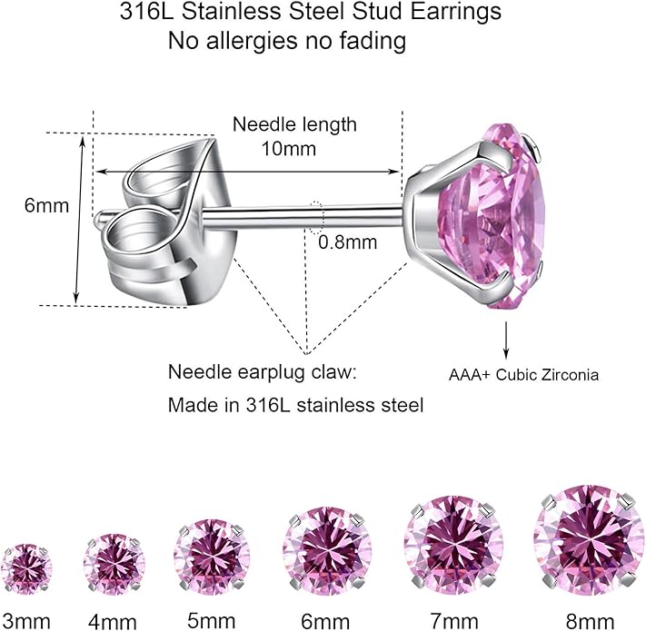 6 Pairs Stud Earrings Set, Hypoallergenic Cubic Zirconia Earrings 316L Stainless Steel CZ Earrings 3-8mm