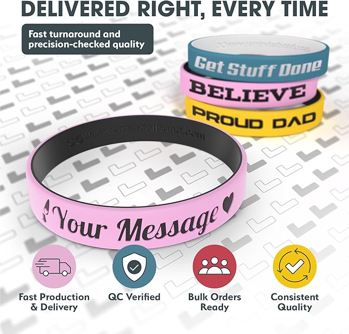 Reminderband Custom 100% Silicone Luxe Wristbands – Personalized Motivational Bracelets, Bulk Rubber Bands for Events, Fundraisers, Awareness, Gifts - Hypoallergenic Bands