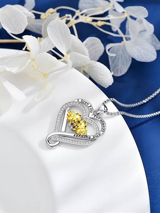 I Love You for Awlays and Forever Double Heart Necklace with Birthstone, 2 Birth Stone Jewelry Anniversary Valentines Mothers Day Christmas Birthday Gifts for Women Her Wife Girlfriend Mom Mother