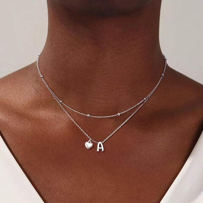 adoyi Gold Necklace for Women Layered Bubble Heart Letter Initial Necklaces for Women Trendy Jewelry 14K Gold Plated Chain Chunky Name Necklace Stack Charm A-Z Pendant Set Jewelry Gifts