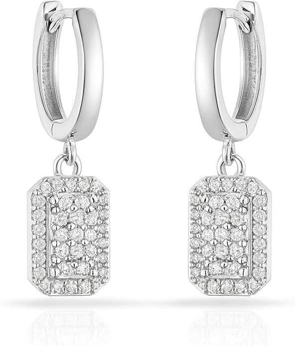 Rectangle CZ Dangle Wide Hoop Earrings for Women – 10mm Charm, 25mm Total Length, Elegant Gift Earrings.KT001