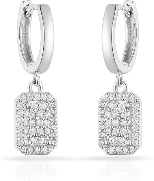 Rectangle CZ Dangle Wide Hoop Earrings for Women – 10mm Charm, 25mm Total Length, Elegant Gift Earrings.KT001