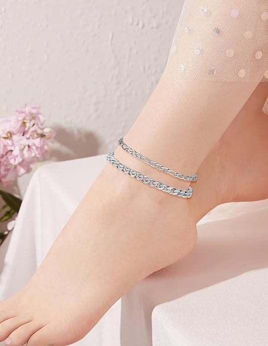 6PCS 18k Gold Plated Stainless Steel Ankle Bracelets for Women Waterproof Layered Herringbone Figaro Bead Paperclip Rope Tennis Box Cuban Link Rolo Satellite Chain Anklets Set Gold Tone