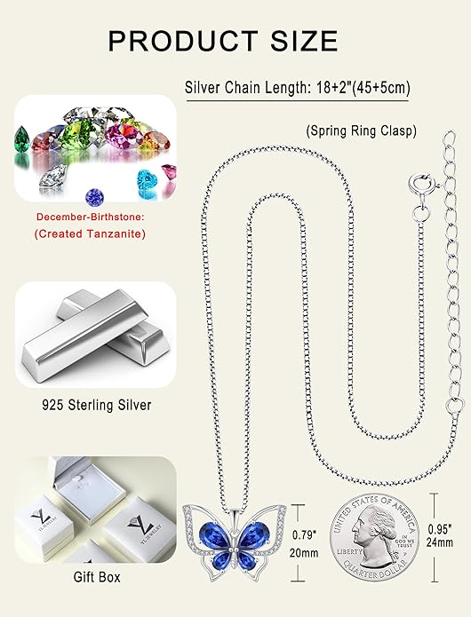 YL Women's Butterfly Necklace 925 Sterling Silver Flower Rose Pendant Birthstone Halo Jewelry