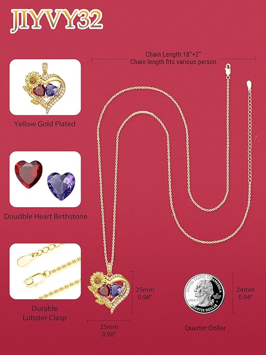 Sunflower Heart Necklace for Women 14K Gold Exquisite Anniversary Birthday Gifts for Wife Mother Her Double Birthstone Pendant jewelry‘You Are My Sunshine’