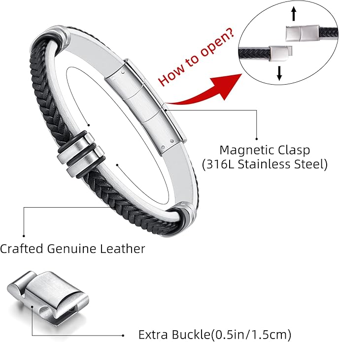 Leather Bracelet for Men with Adjustable Stainless Steel Magnetic Clasp Multi-Layer Braided Mens Leather Bracelet