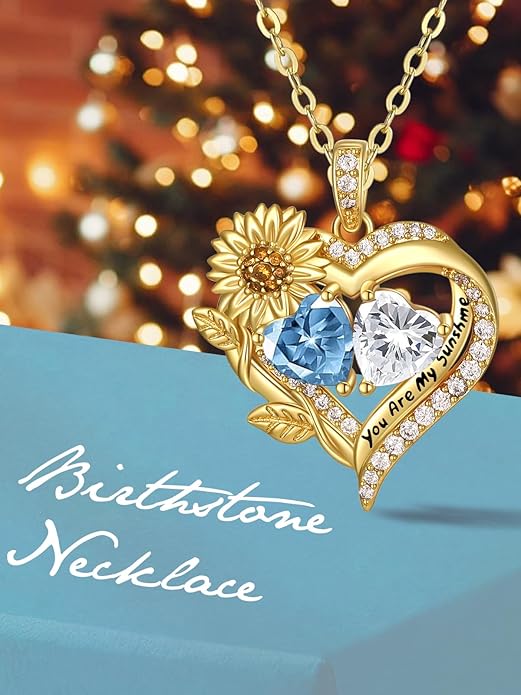 Sunflower Heart Necklace for Women 14K Gold Exquisite Anniversary Birthday Gifts for Wife Mother Her Double Birthstone Pendant jewelry‘You Are My Sunshine’
