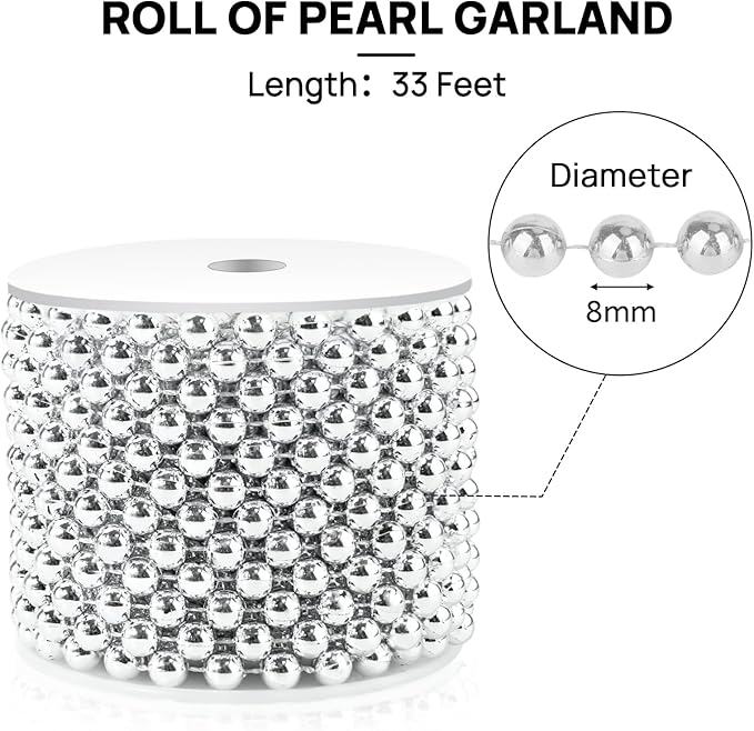 Craft String Pearls 8MM Pearl Bead, 33 Feet Silver Faux Pearl Garland Spool Roll Strand Wedding Party Decoration, Christmas Tree Decorations