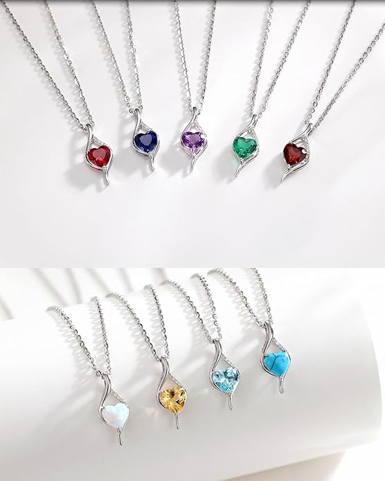 FANCIME 14K Solid White Gold Birthstone Necklace Genuine or Created 6mm Heart Gemstone Pendant with Lab Grow Diamonds Sterling Silver Chain Fine Jewelry Anniversary Birthday Gifts for Women 16" + 2"