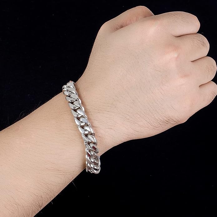 Fashion 925 Sterling Silver Solid Miami Cuban Link Chain Bracelet 8MM-12MM-14MM Curb Cuban Solid Thick Big Link Bracelet For Men 7-10 Inch Jewelry Gift