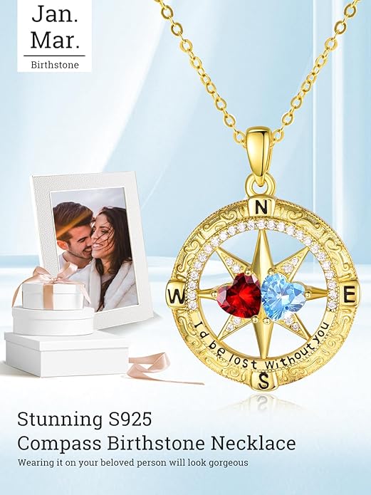 Zeuslia Double Birthstone Necklace Gifts for Wife - 925 Sterling Silver Sunflower/Rose/Crown Cross/Compass/Heart Pendant I Love You Necklace, Anniversary Birthday Gifts for Wife Girlfriend Mom Her
