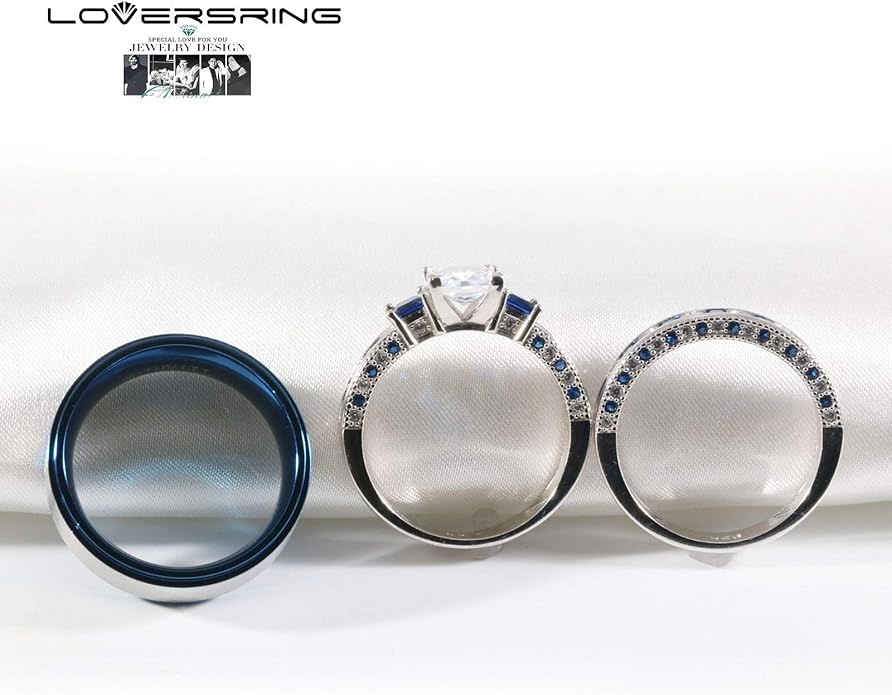 TWO RINGS Wedding Ring Sets His And Hers Promise Ring Couples Bridal Sets Women 925 Sterling Silver square Cz Man Stainless Steel Brushed Finished Wedding Bands