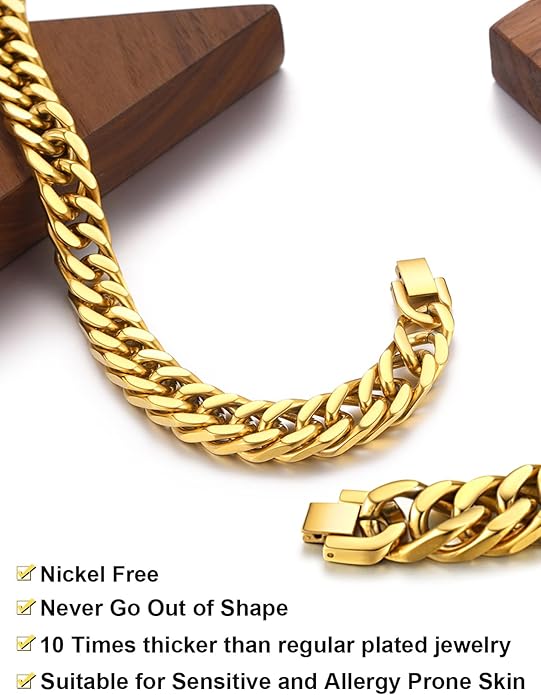 ChainsHouse Stainless Steel Cuban Link Bracelet, 8mm/12mm/17mm Width, 7.5"/8.3"/9", 18K Gold Plated Chain Wrist Bracelets for Men Women, Send Gift Box