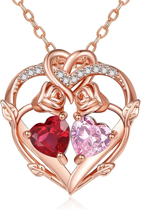 Rose Gold Necklaces for Women Double Birthstone Rose Flower Heart Pendant Necklace Jewelry Anniversary Christmas Valentine's Mother's Day Birthday Gift for Wife Mom Her Girlfriend Sister