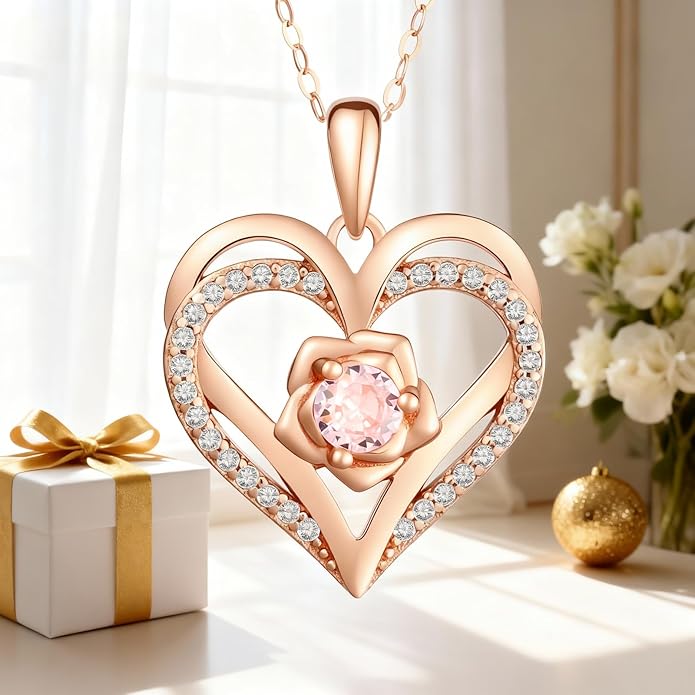 Birthstone Pendant Necklace for Women, Heart Jewelry with Rose Flower Birthday Gift Idea for Wife Girlfriend Mom Friendship on Valentine‘s Day Anniversary Christmas Wedding, 925 Sterling Silver