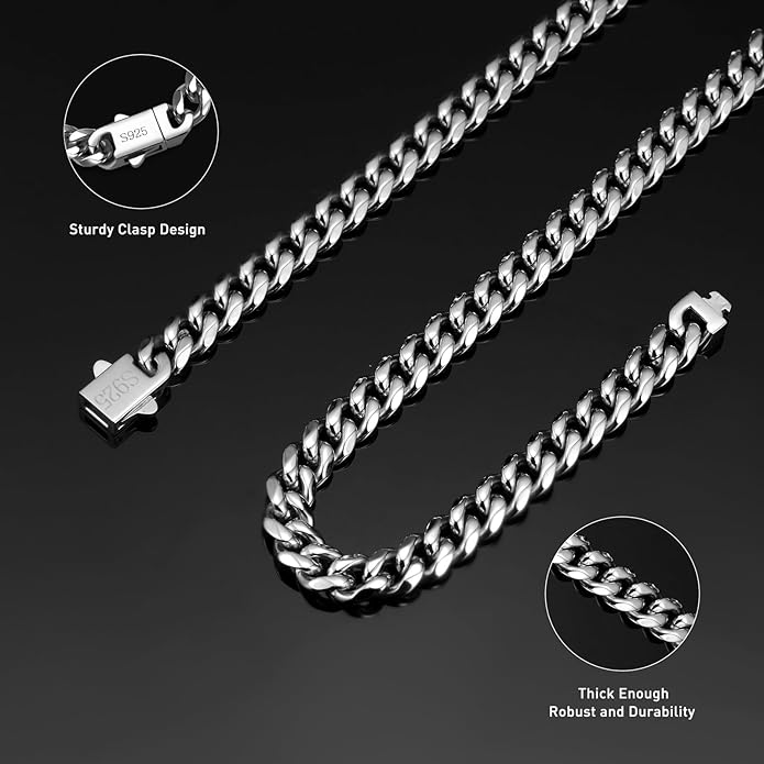 waitrose 7mm Silver Chain for Men Miami Cuban Link Mens Chain,925 Sterling Silver/14K Gold Plated and 316L Stainless Steel Silver/Gold Chains for Men Necklace