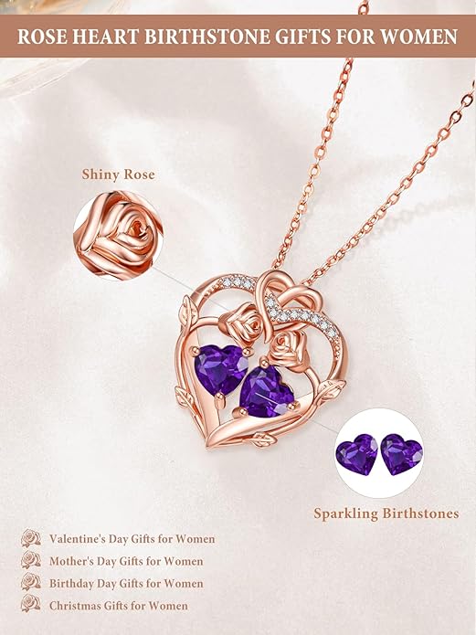 Rose Gold Necklaces for Women Double Birthstone Rose Flower Heart Pendant Necklace Jewelry Anniversary Christmas Valentine's Mother's Day Birthday Gift for Wife Mom Her Girlfriend Sister