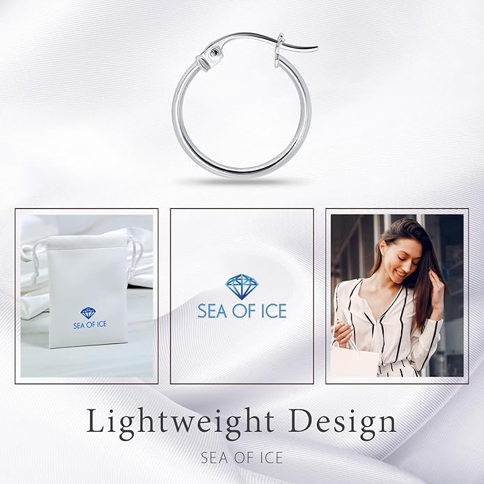 SEA OF ICE 925 Sterling Silver Hoop Earrings for Women - Hypoallergenic Earrings for Women in Sterling Silver, Yellow Gold, Rose Gold or Black Rhodium | Sizes 12MM, 15MM, 20MM or Multipack