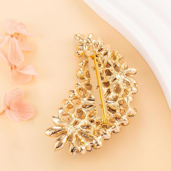 LAXPICOL Vintage Austrian Crystal Flower Leaf Bouquet Clusters Large Big Brooch Pin for Women Gold Tone