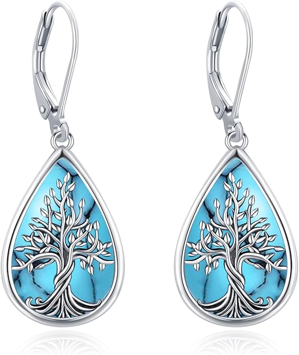 Sterling Silver Tree of Life/Flower/Bee/Animals/Cat/Hummingbird Dangle Earrings Moonstone Turquoise Drop Leverback Earrings Jewelry Gifts
