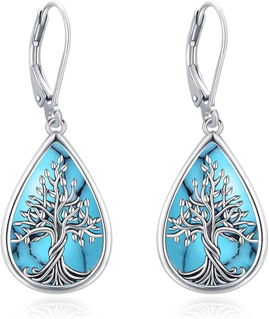 Sterling Silver Tree of Life/Flower/Bee/Animals/Cat/Hummingbird Dangle Earrings Moonstone Turquoise Drop Leverback Earrings Jewelry Gifts