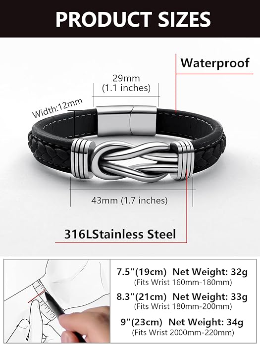 Mens Black Braided Leather Bracelet, Green/Red/Brown/Black Braided Leather Infinity Knot Bracelets for Men with Stainless Steel Clasp, 7.5/8.5/9in Length