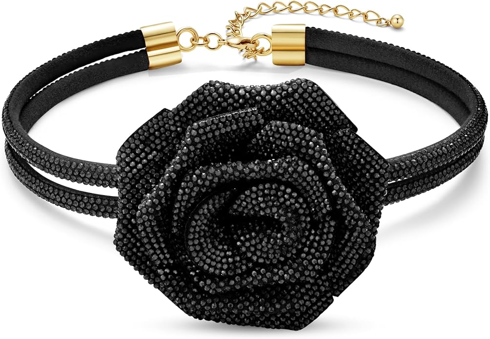 Rose Choker Necklace for Women Gothic Floral Crystal Rhinestone Collar Necklace Short Chain Statement Choker Wedding Party Costume Jewelry Gift for Her