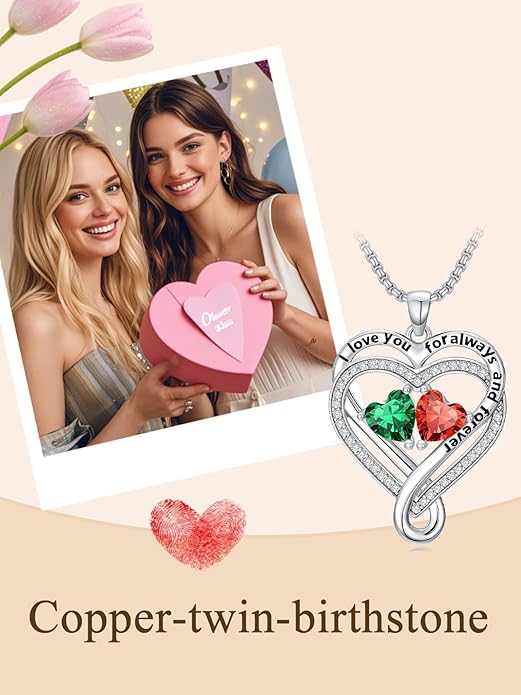 I Love You for Awlays and Forever Double Heart Necklace with Birthstone, 2 Birth Stone Jewelry Anniversary Valentines Mothers Day Christmas Birthday Gifts for Women Her Wife Girlfriend Mom Mother