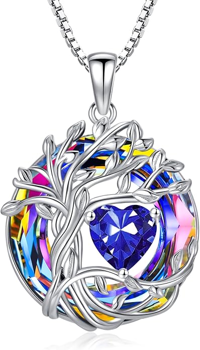 TOUPOP Christmas Gifts Tree of Life Birthstone Necklace 925 Sterling Silver Pendant Austrian Crystal Jewelry Anniversary Birthday Gifts for Women Mom Her Wife