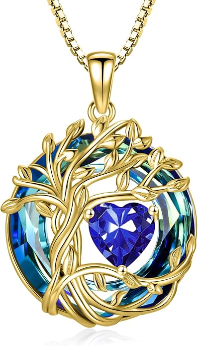 TOUPOP Christmas Gifts Tree of Life Birthstone Necklace 925 Sterling Silver Pendant Austrian Crystal Jewelry Anniversary Birthday Gifts for Women Mom Her Wife